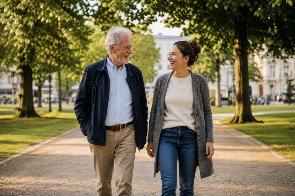 Ein älterer Mann und eine Alltagshelferin bei einem gemeinsamen Spaziergang